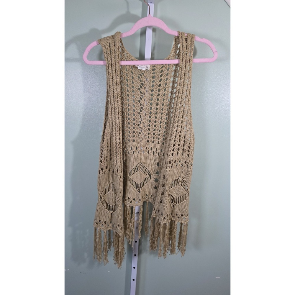 Tiffany & Gray Bohemian Open Knit Diamond Crochet Fringe Cardigan Vest Beige XL